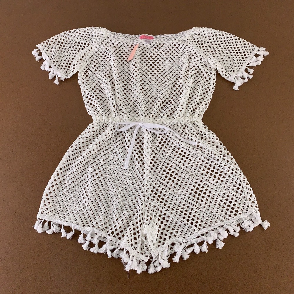Joan Vass Women's Size Large White Mesh Tassel Trim Short Sleeve Romper NWT